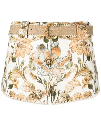 Zimmermann Floral-print Belted Mini Shorts - Metallic