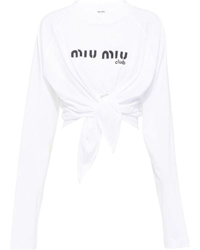 Miu Miu Logo Print Knotted Crop T-shirt - White
