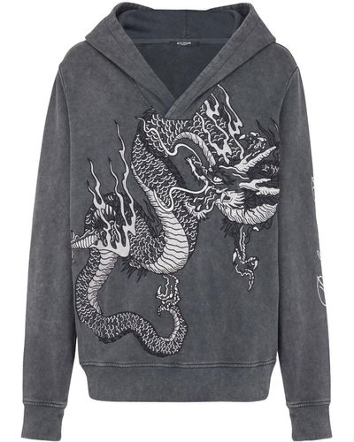 Balmain Dragon-embroidered Cotton Hoodie - Grey