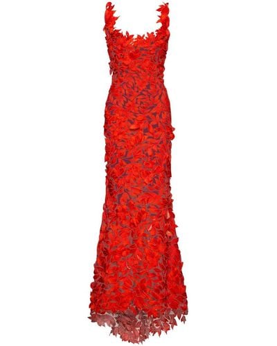 Oscar de la Renta Floral Threadwork Off-shoulder Gown - Red
