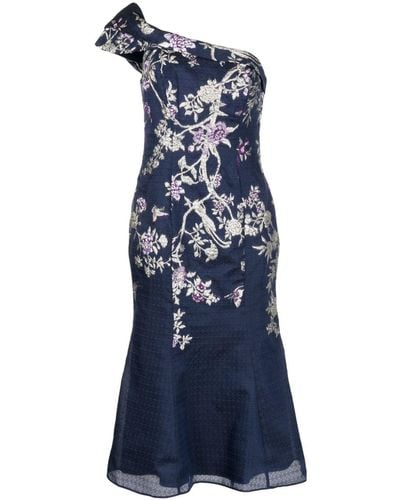 Marchesa One-shoulder Floral-jacquard Midi Dress - Blue