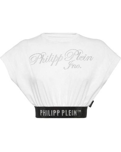 Philipp Plein ラインストーンロゴ クロップド Tシャツ - ホワイト