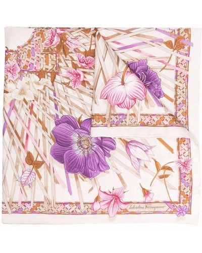 Ferragamo Pañuelo de seda con motivo floral - Morado