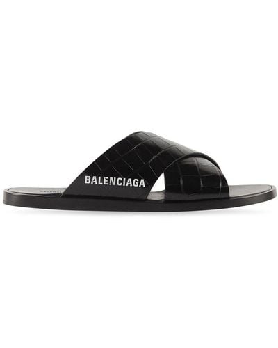 Balenciaga Embossed-crocodile Crossover Slides - Black