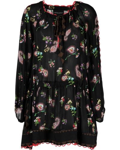 Cynthia Rowley Floral-print Dropped-waist Silk Minidress - Black