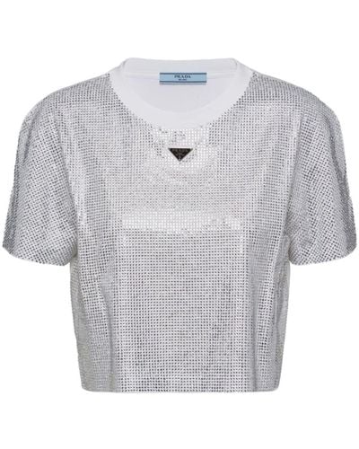 Prada T-shirt en coton à logo triangulaire - Gris