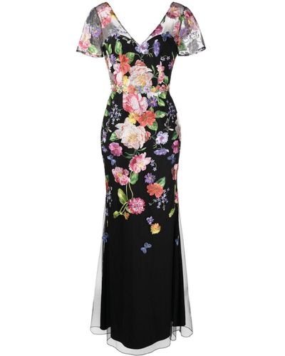 Marchesa Floral-embroidered V-neck Gown - Black