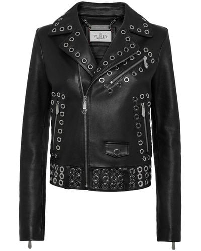 Philipp Plein Eyelet-embellished Leather Biker Jacket - Black