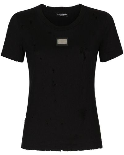 Dolce & Gabbana T-Shirt Aus Jersey Mit Rissen Und -Plakette - Schwarz
