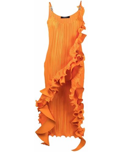 Versace Ruffle Trim Pleated Midi Dress - Orange