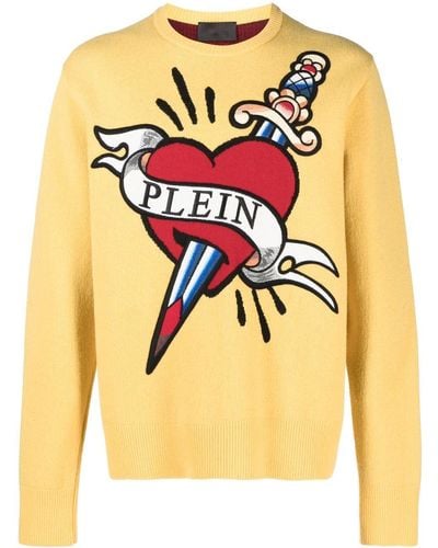 Philipp Plein Heart & dagger Intarsia-knit Sweater - Yellow