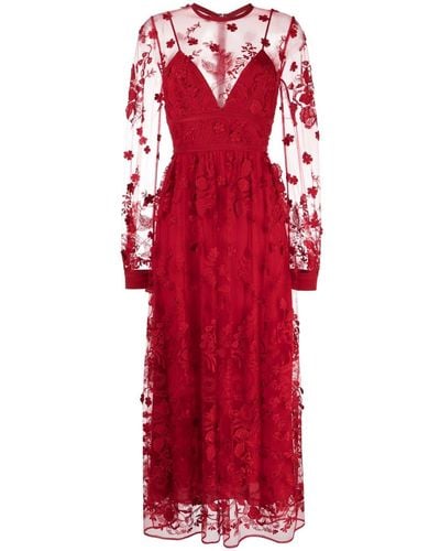 Elie Saab Floral-embroidery Tulle Midi Dress - Red