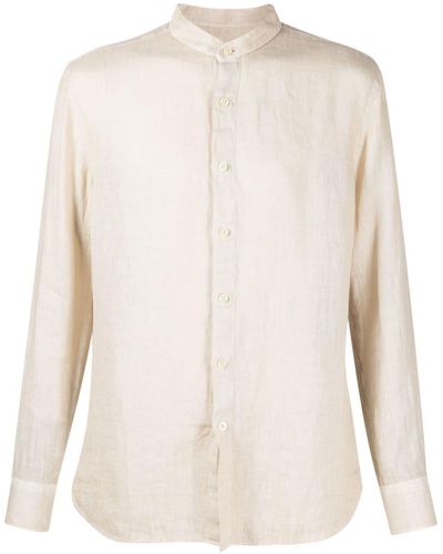 120% Lino Band-collar Linen Shirt - White