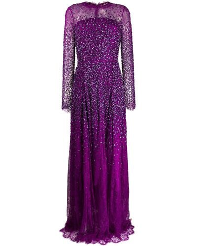 ESCADA Sequin Embroidered Sheer Evening Dress - Purple