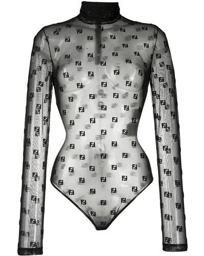 Fendi Ff-logo Sheer Bodysuit - Black