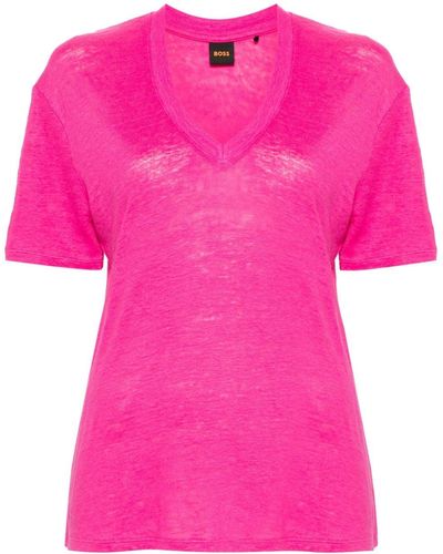 BOSS Leinen-T-Shirt mit V-Ausschnitt - Pink