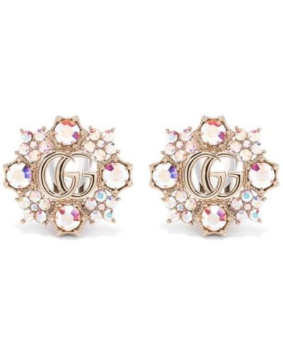 Gucci Kristallverzierte Flowers Ohrringe mit GG - Weiß