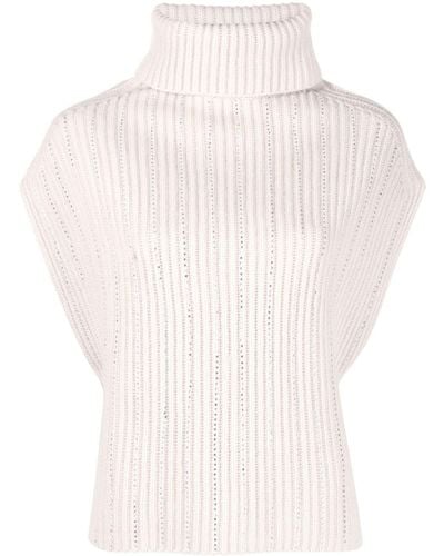 Allude Rhinestone-stripes Ribbed-knit Top - White