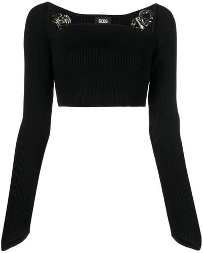 Gcds Ribbed Square-neck Cropped Top - Black