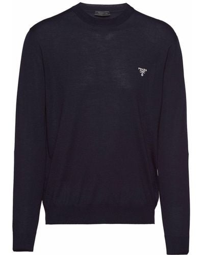 Prada Embroidered-logo Wool Jumper - Blue