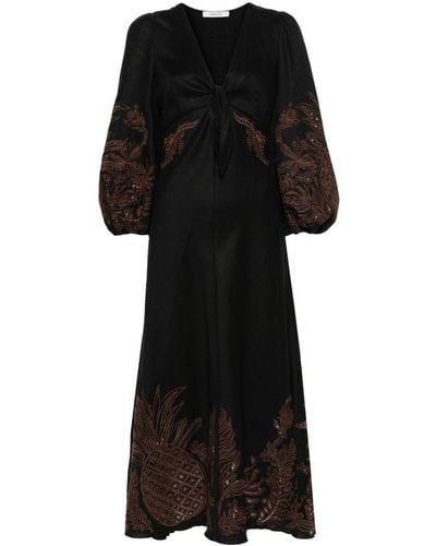 Dorothee Schumacher Pineapple Embroidery Linen Midi-dress - Black