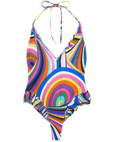 Emilio Pucci Ruffled Abstract-print Swimsuit - Blue