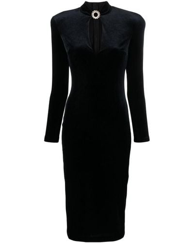 Nissa Brooch-detail Velvet Midi Dress - Black