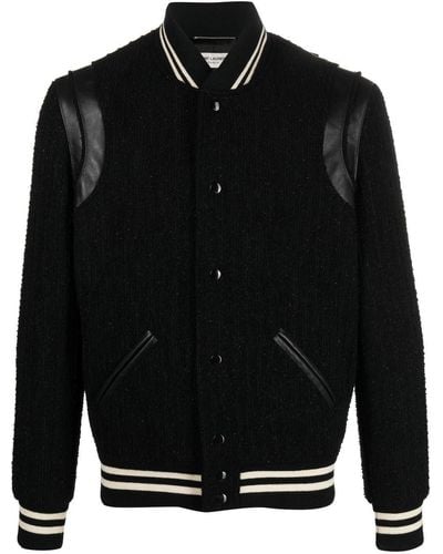 Saint Laurent Teddy Leather-trimmed Metallic Virgin Wool-blend Bomber Jacket - Black