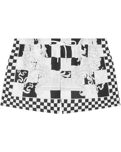 Versace Barocco-motif Checkerboard-print Swim Shorts - White