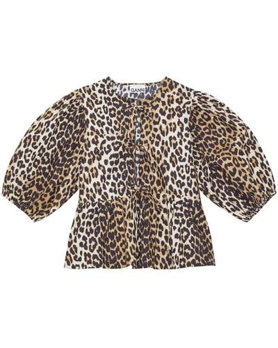 Ganni Leopard-print Organic-cotton Blouse - Brown