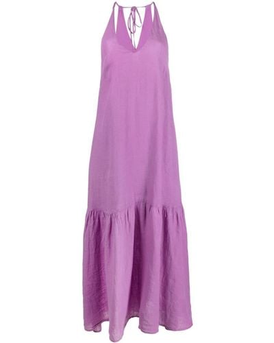 120% Lino Halterneck Linen Maxi Dress - Purple