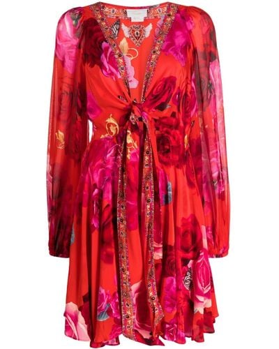 Camilla Floral Silk Wrap Minidress - Red