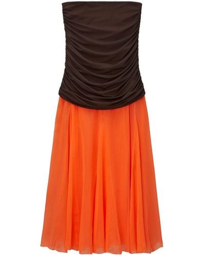 Tory Burch Ruched Silk Midi Skirt - Orange