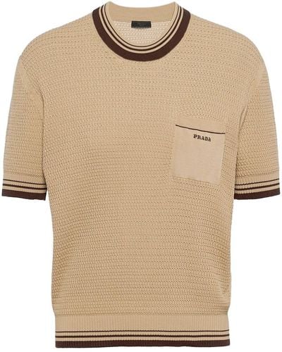 Prada Embroidered-logo Knitted T-shirt - Natural