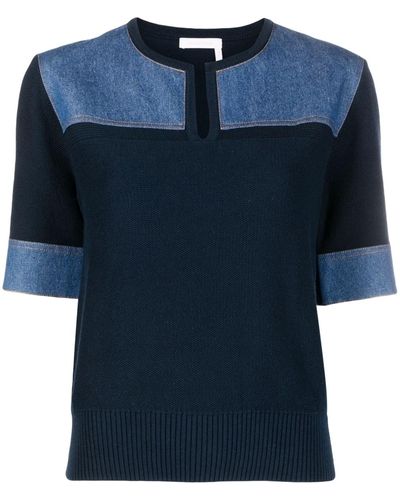 See By Chloé Denim-panels Knitted Cotton T-shirt - Blue