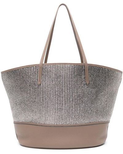 Brunello Cucinelli Straw And Leather Tote Bag - Grey