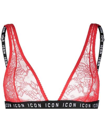 DSquared² Icon Logo Sheer Lace Bra - Red