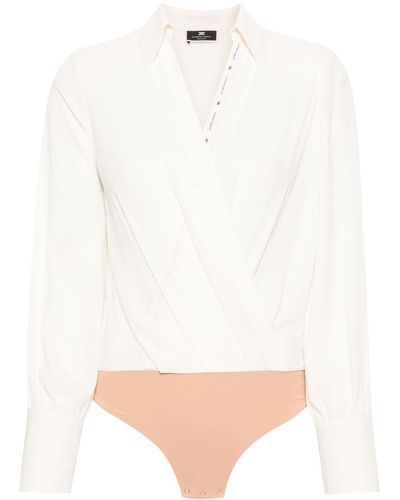 Elisabetta Franchi Sheer Crepe V-neck Bodysuit - White
