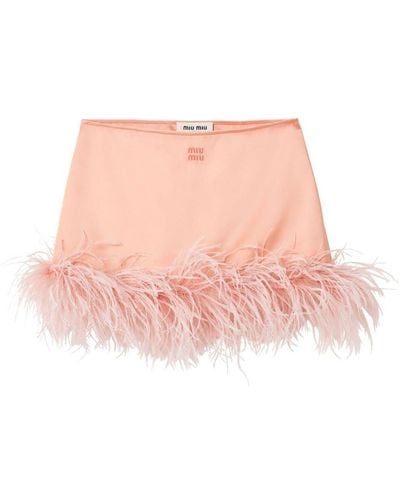 Miu Miu Feather-Trimmed Satin Miniskirt - Pink
