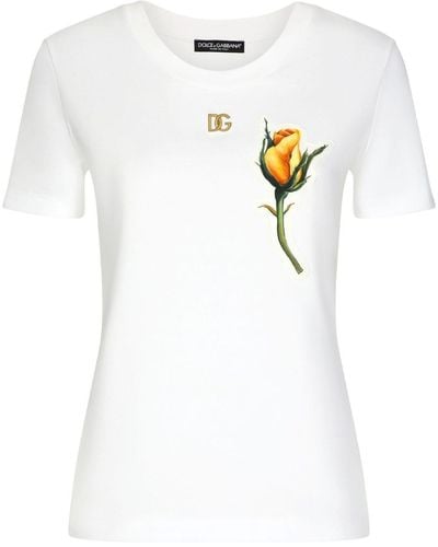 Dolce & Gabbana T-Shirt mit Rosenapplikation - Weiß