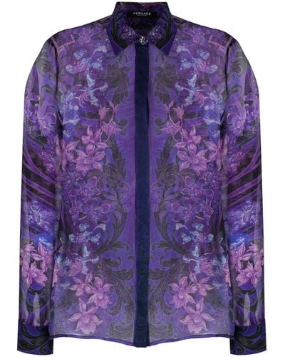 Versace Camisa con motivo de orquídeas - Morado