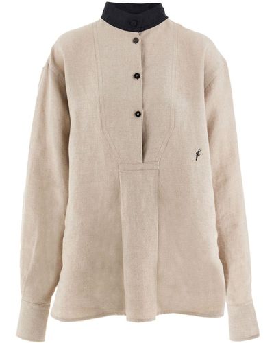 Ferragamo Linen Top With A Stand-Up Collar - Natural