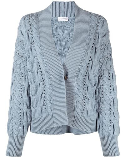 Brunello Cucinelli Cable-knit Long-sleeved Cardigan - Blue