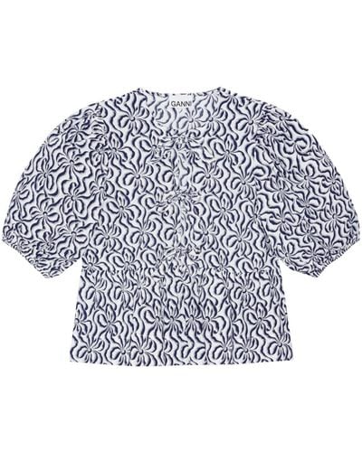 Ganni Bluse aus Bio-Baumwolle mit abstraktem Print - Blau