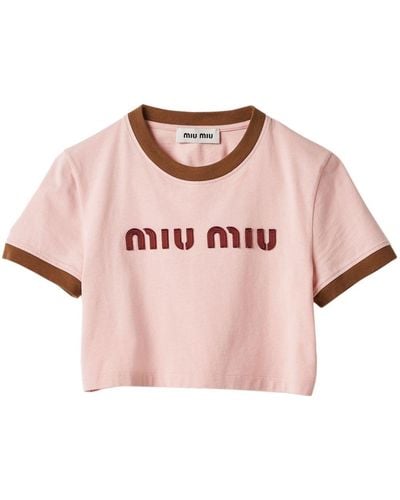 Miu Miu Logo-embroidered Cropped T-shirt - Pink