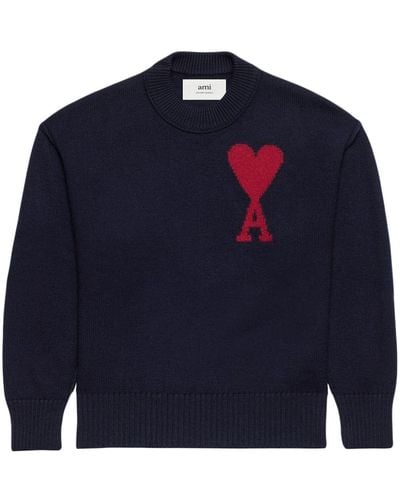 Ami Paris Ami De Coeur Intarsia-logo Sweater - Blue