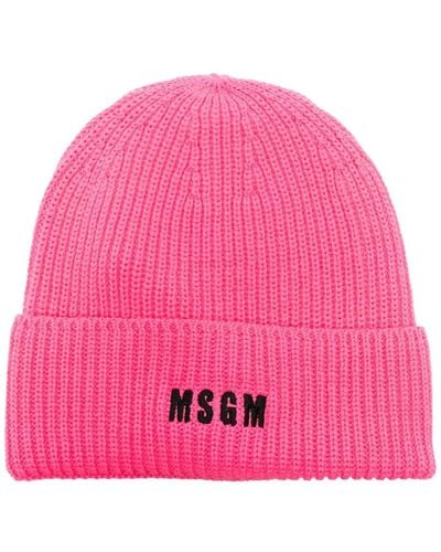 MSGM Logo-embroidered Ribbed-knit Beanie - Pink