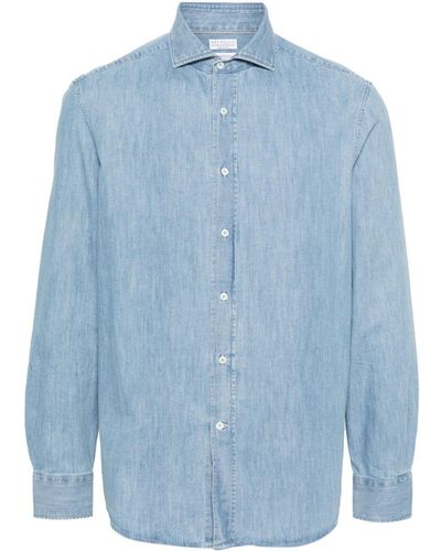 Brunello Cucinelli Denim Overhemd Met Brede Kraag - Blauw