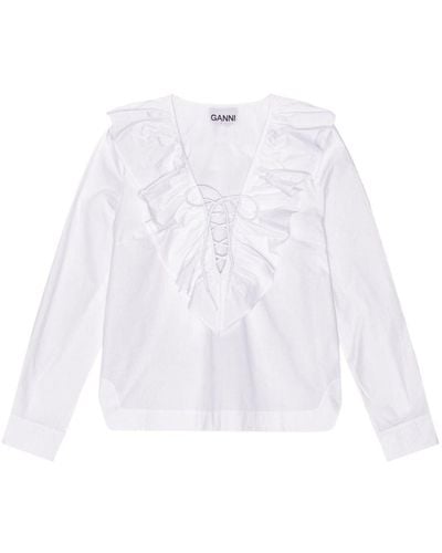 Ganni Blouse Met Ruchekraag Van Biologisch Katoen - Wit