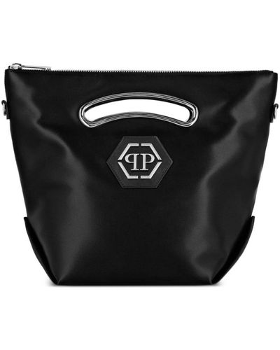 Philipp Plein Handtasche aus Satin mit Logo-Schild - Schwarz